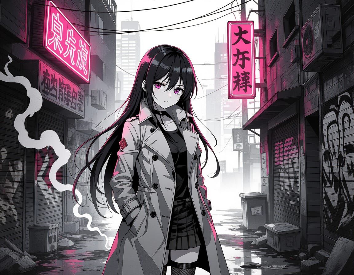 Anime Waifu in Neon Noir Cityscape