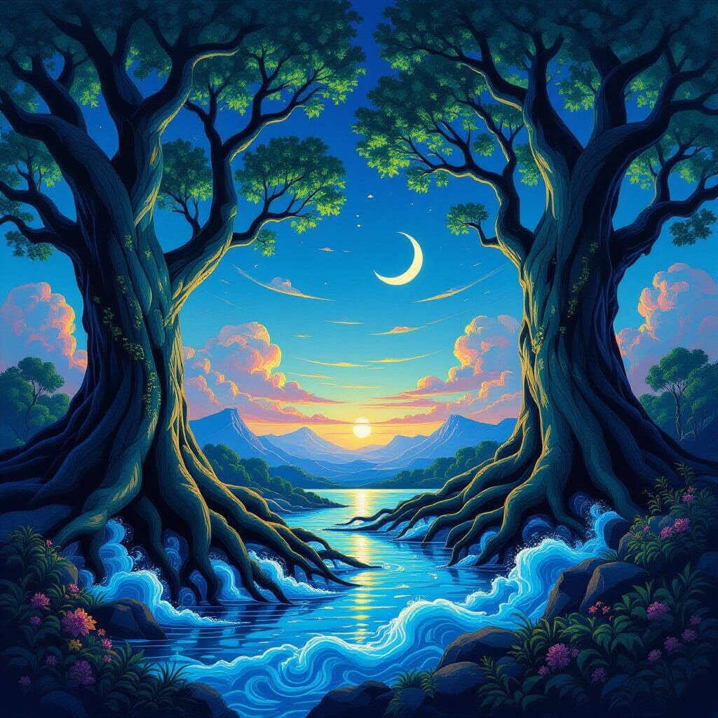 Ancient Bioluminescent Forest Under Twilight Sky