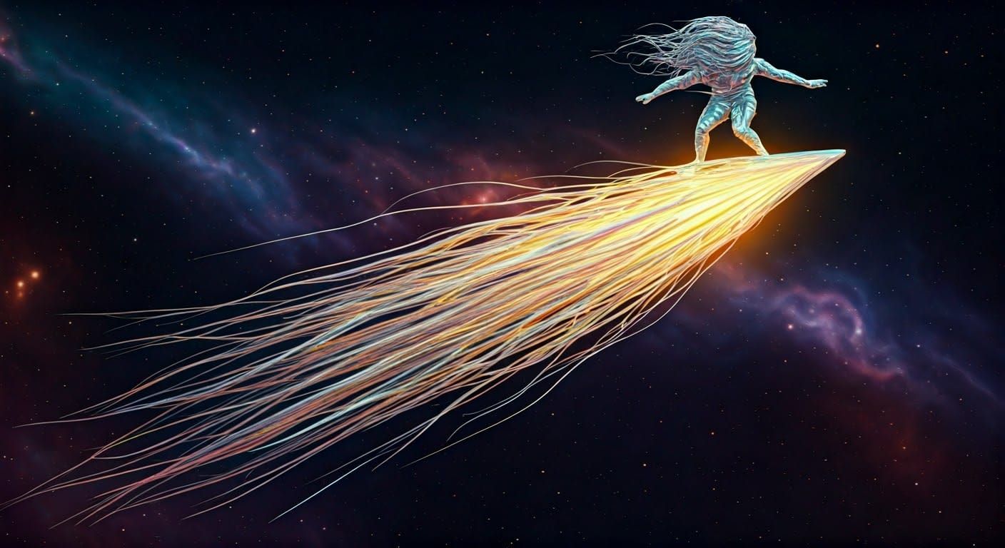 Kawaii Cosmic Surfer in Astrophotography Style