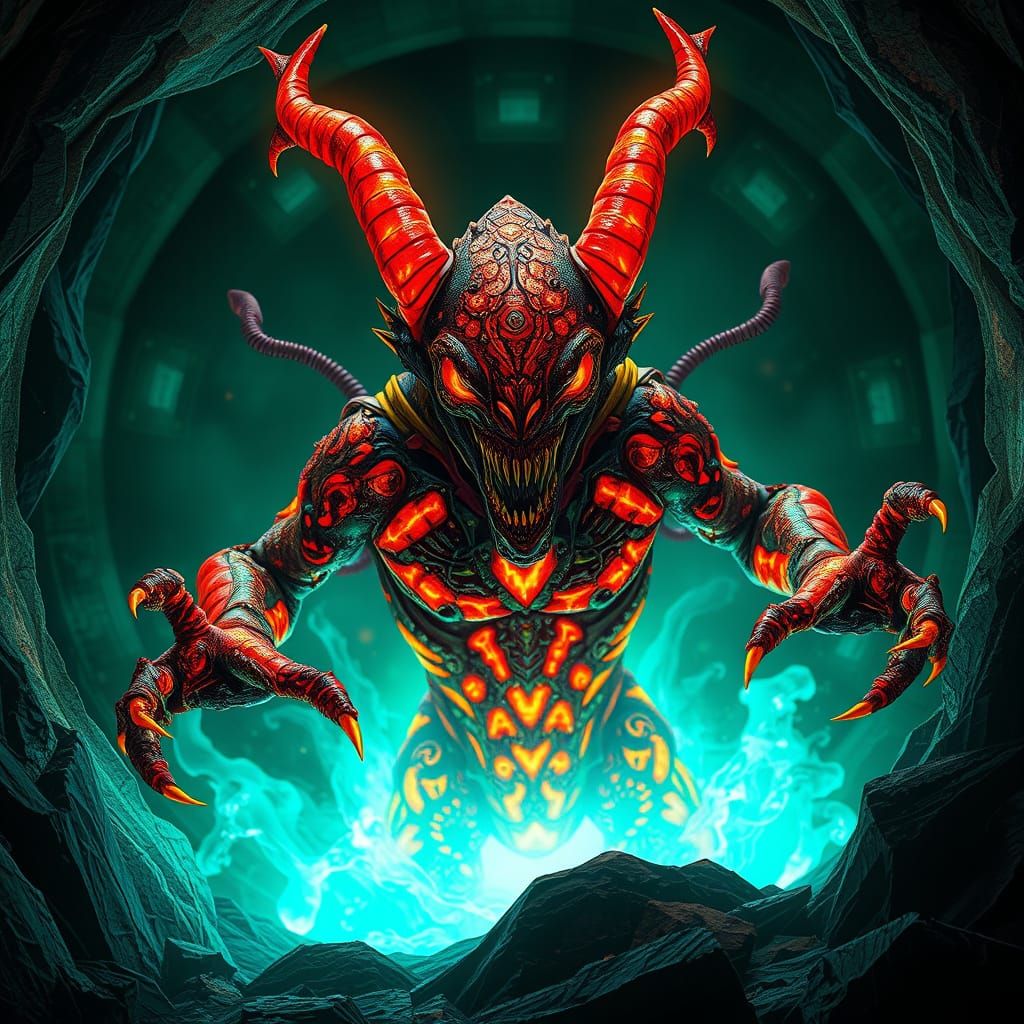 Cyberpunk Demon Emerges from Glowing Portal in Rusty, Vibran...