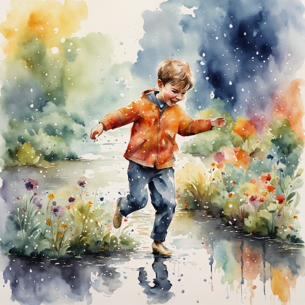 Boy's Rainy Day Joy in Watercolour Painting