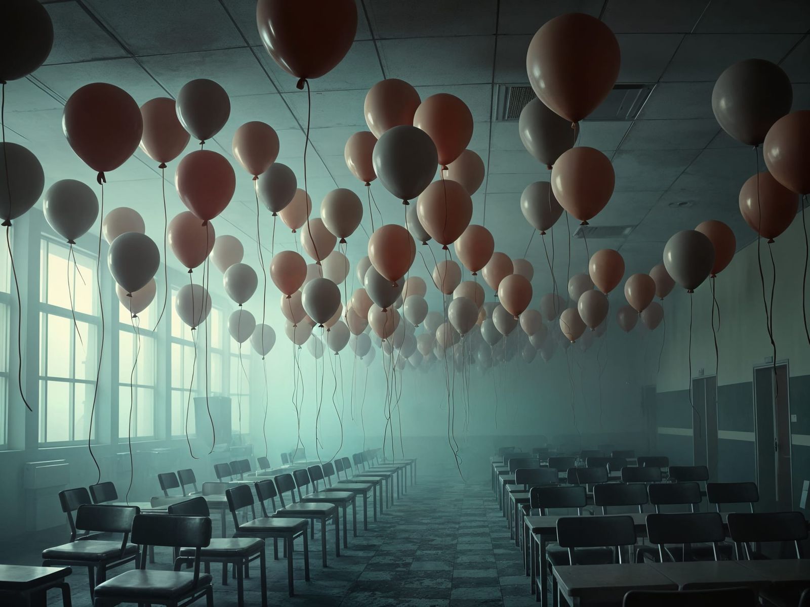Surreal Balloons in Abandoned Cafeteria Horror Scene