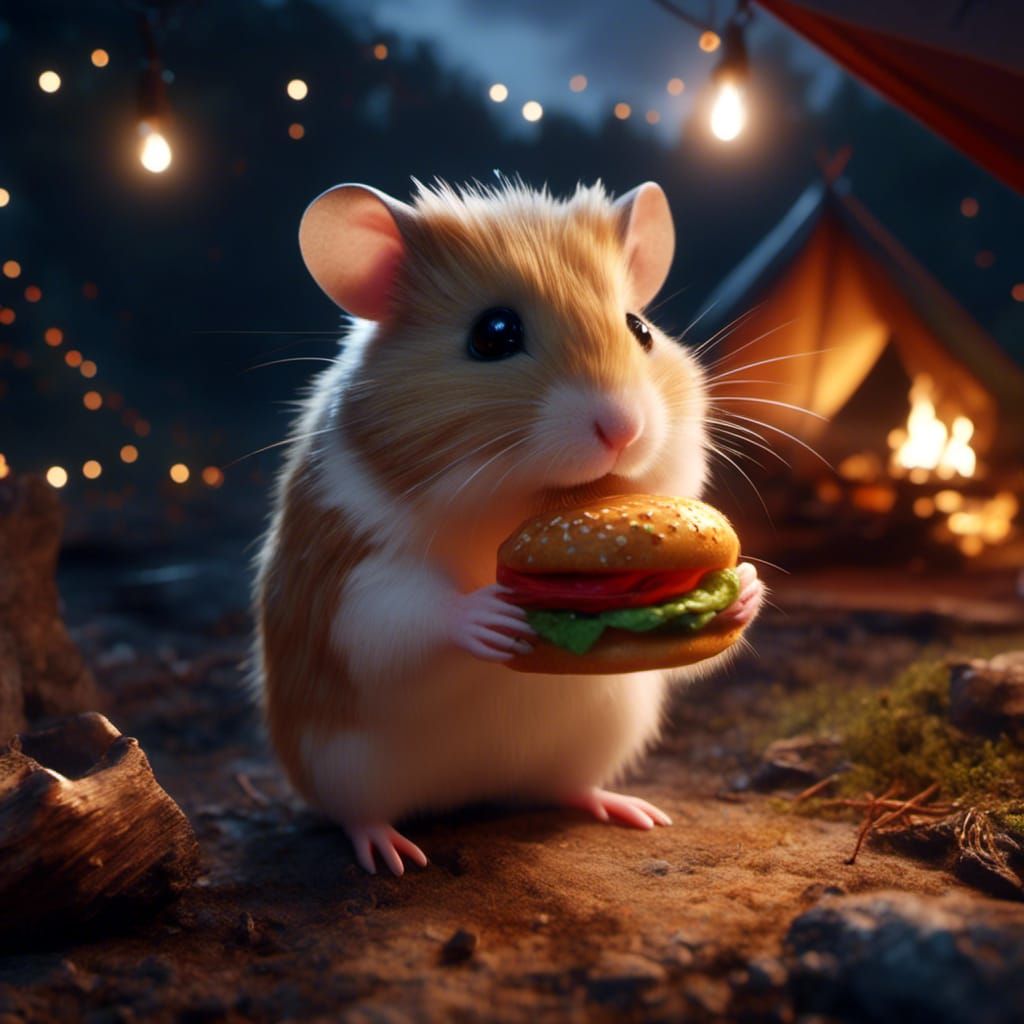 Explorer Hamster's Campfire Feast: Hyperrealistic Splash Art