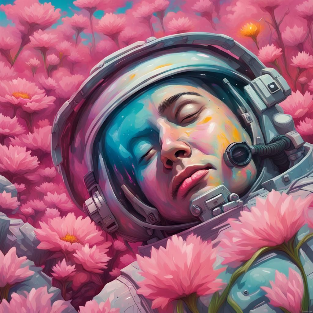 Astronaut Sleeping in Pink Flower Field: Hyperrealistic Art