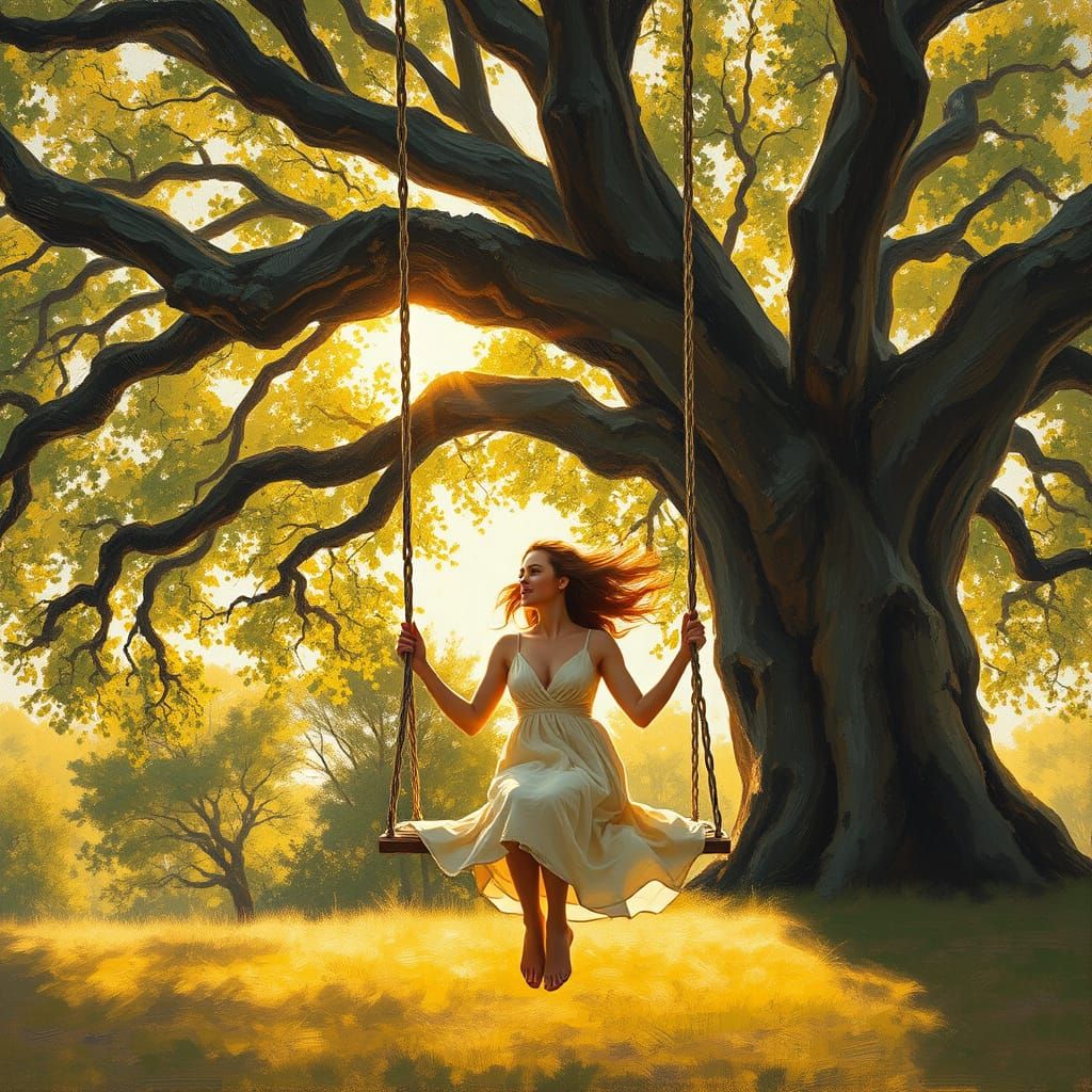 Woman on a Swing: Impasto Painting in Golden Light