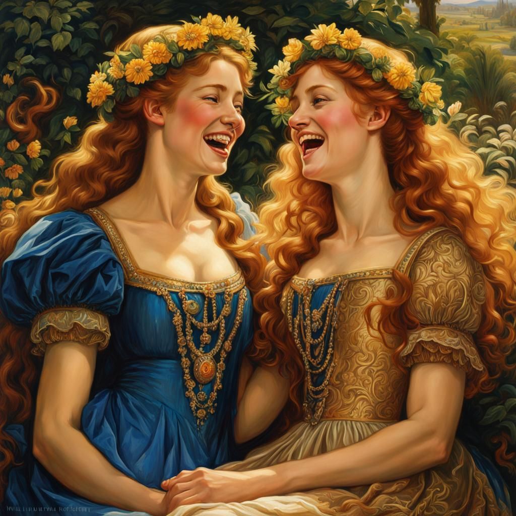 two laughing princesses pre-Raphaelite painting, (lovely dresses:1.6) ornate art, happy, beautiful, fairies in dresses, ...