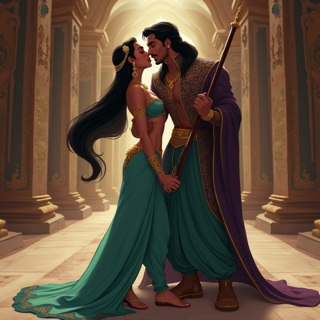 Princess Jasmine Locks Lips with Jafar in Opulent Throne Roo...