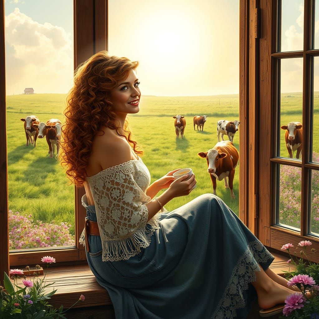 Elegant 1960s Woman in Idyllic Countryside Scene