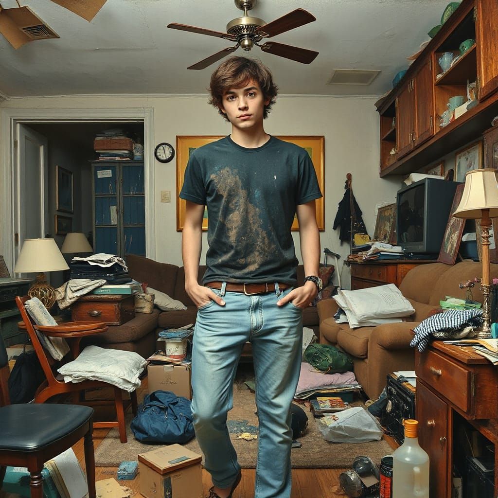 Disheveled Youth in Chaotic Room, Pop Surrealism Style