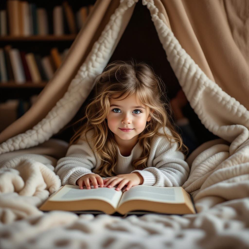 Cozy Child Reading in Blanket Fort, Vintage Style