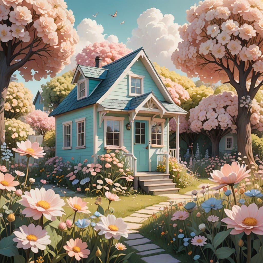 Tiny House Among Giant Flowers Dreamy Illustration