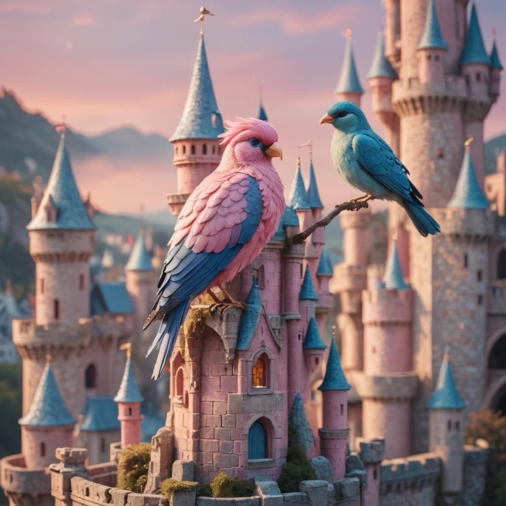 Giant Pink and Blue Bird on Princess Castle