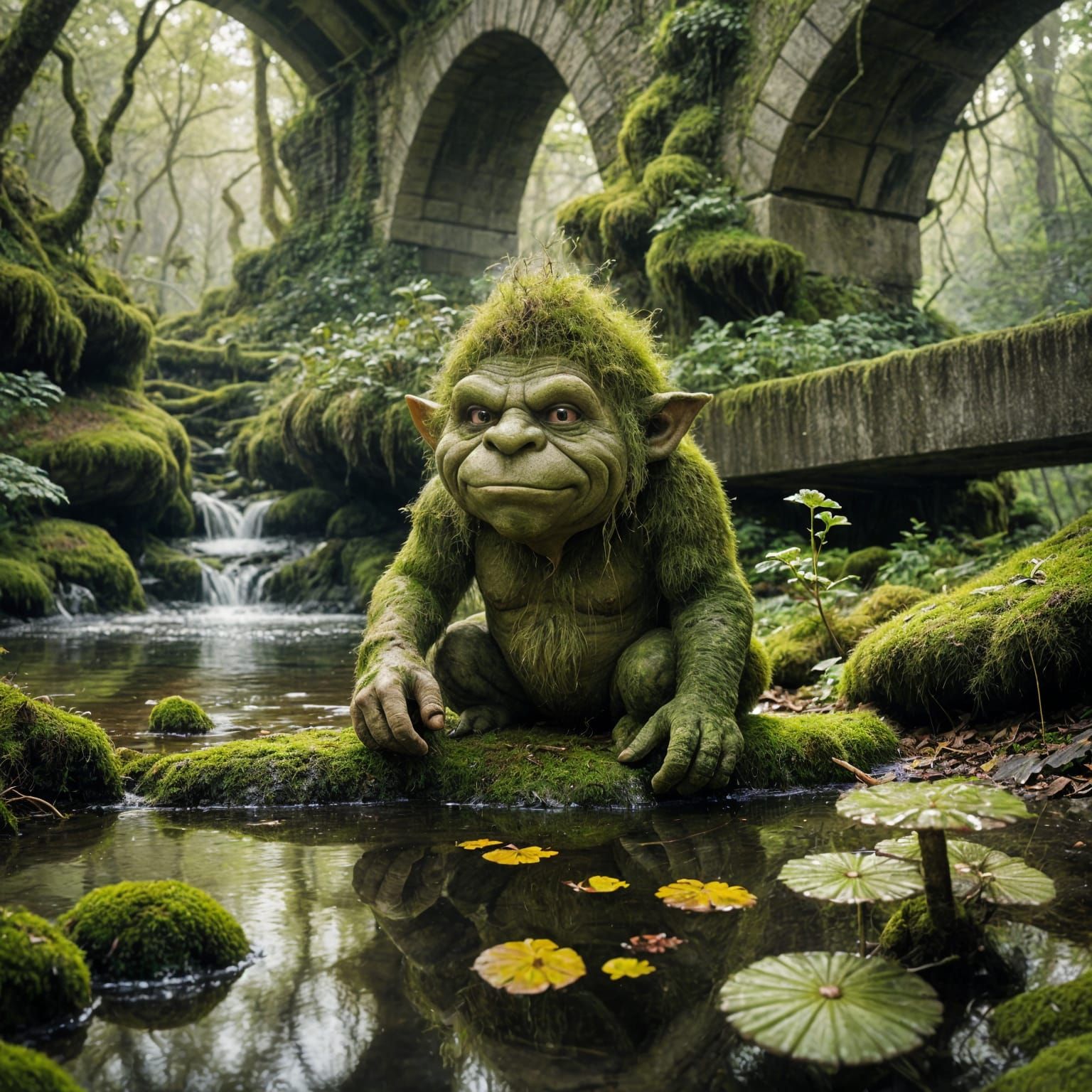 Moss Troll Under Bridge: Impressionistic Surreal Reflection