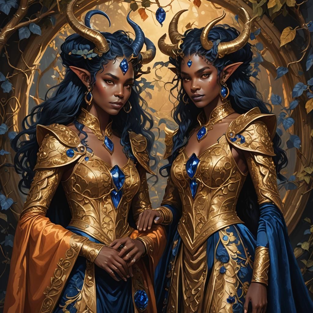Tiefling Sisters in Gold Gowns with Sapphire Rings