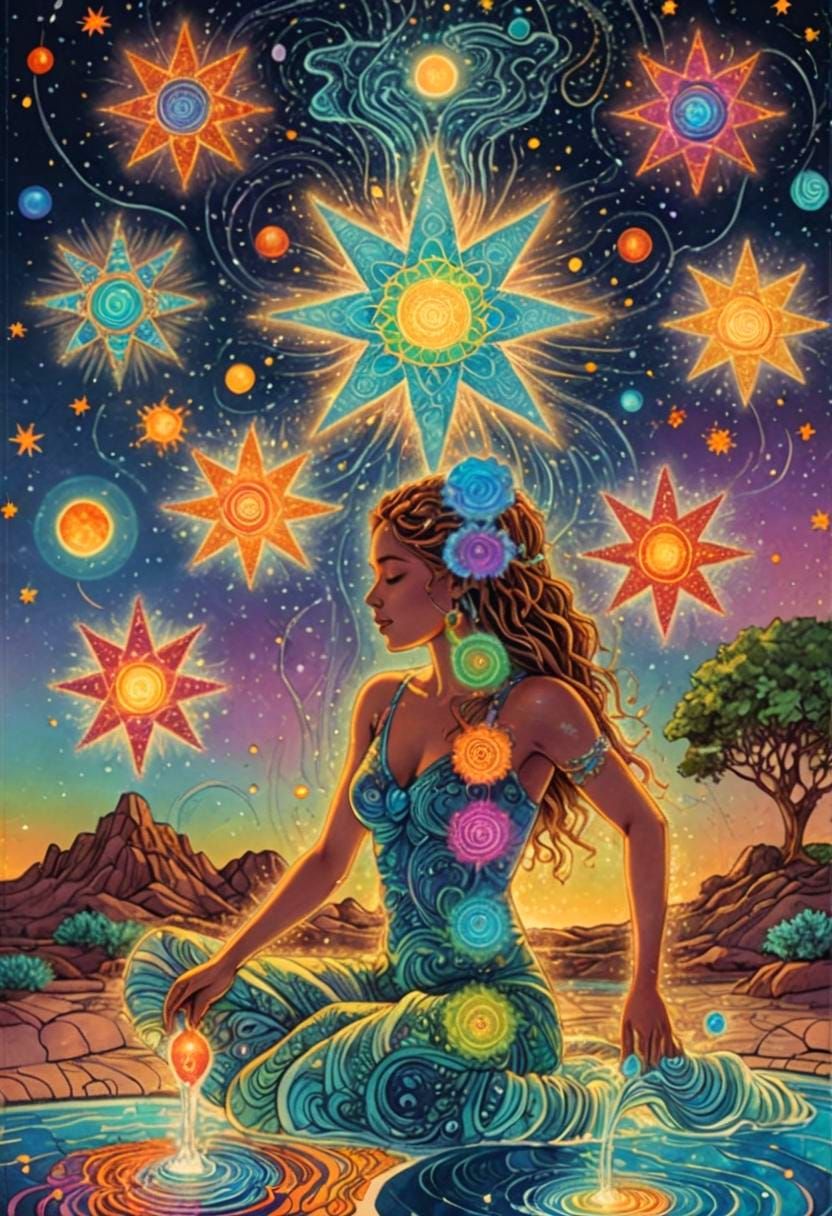 Colorful Cosmic Maiden with Chakras and Stars