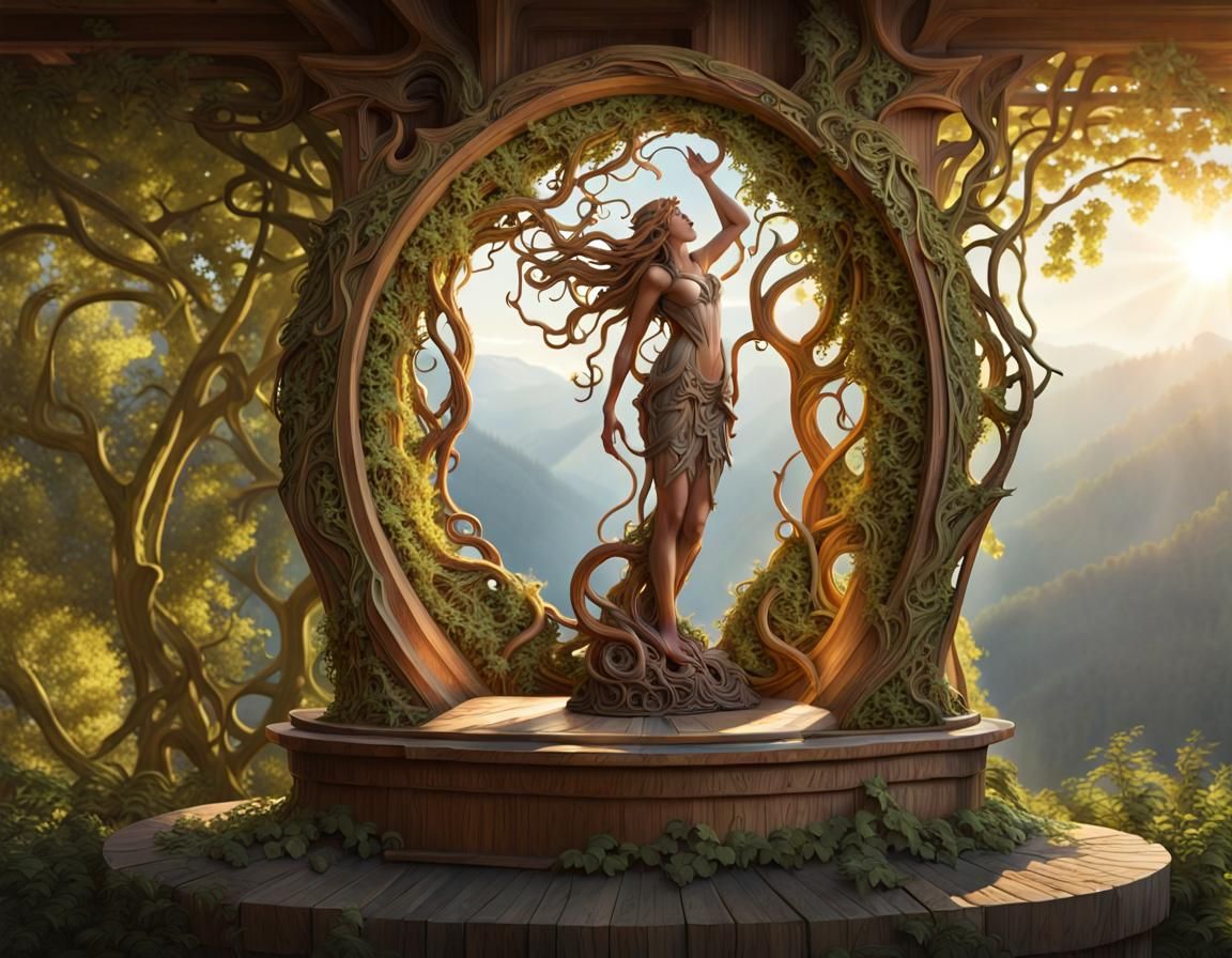 Mountain Vista with Forest Dryad Sculpture