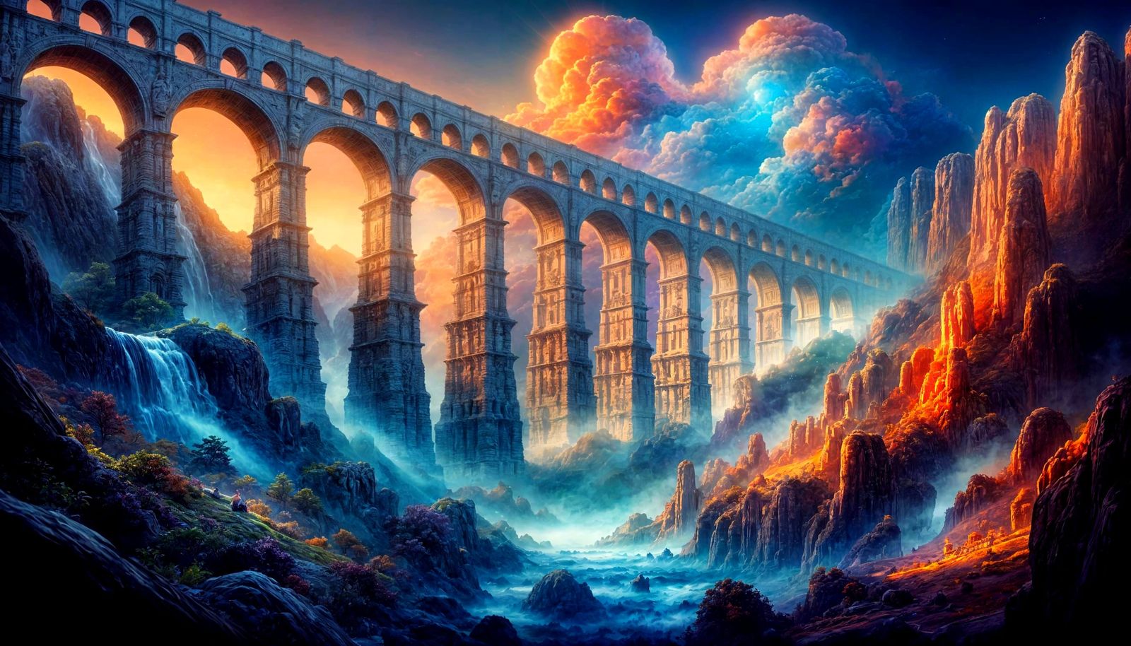 Colossal Neo-Roman Aqueducts at Sunset