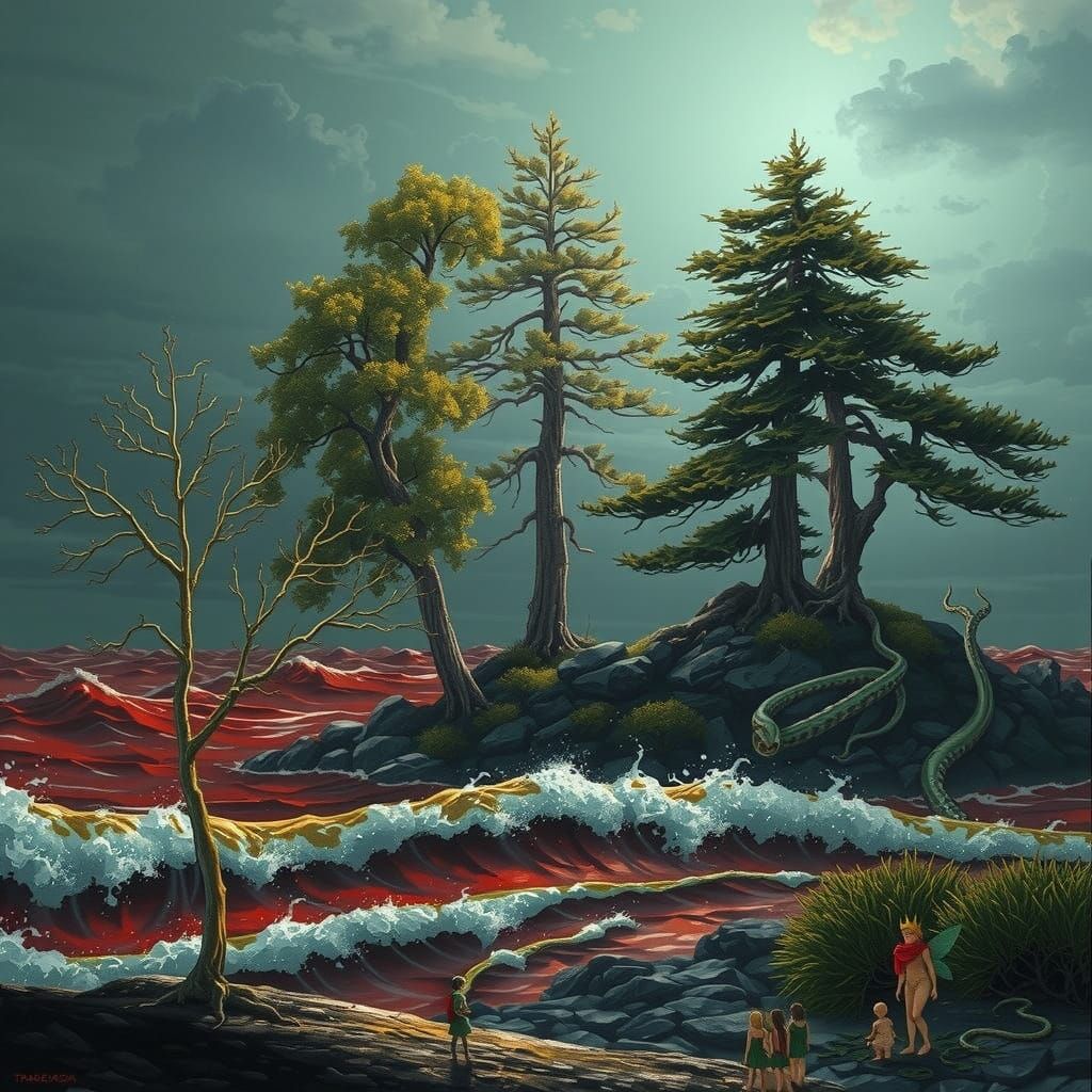 Serene Coastal Landscape with Majestic Trees and Whimsical C...