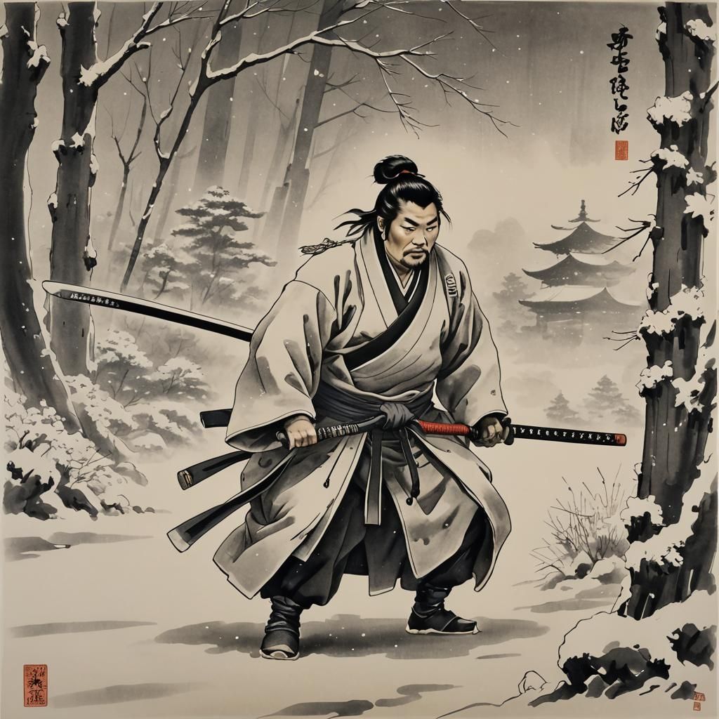Samurai in Snow: Ink Drawing of Warrior
