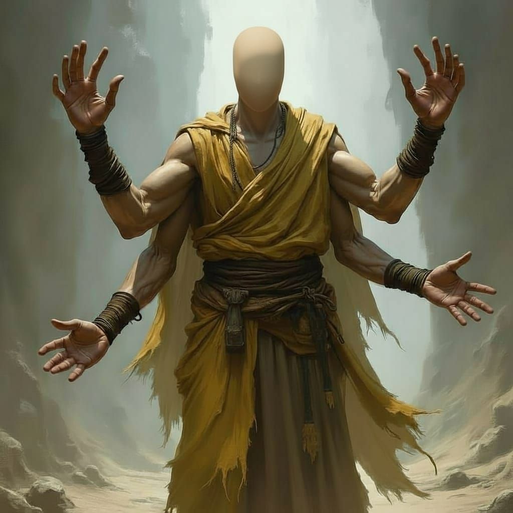 Faceless Monk Wanderer with Four Arms in Digital Painting St...