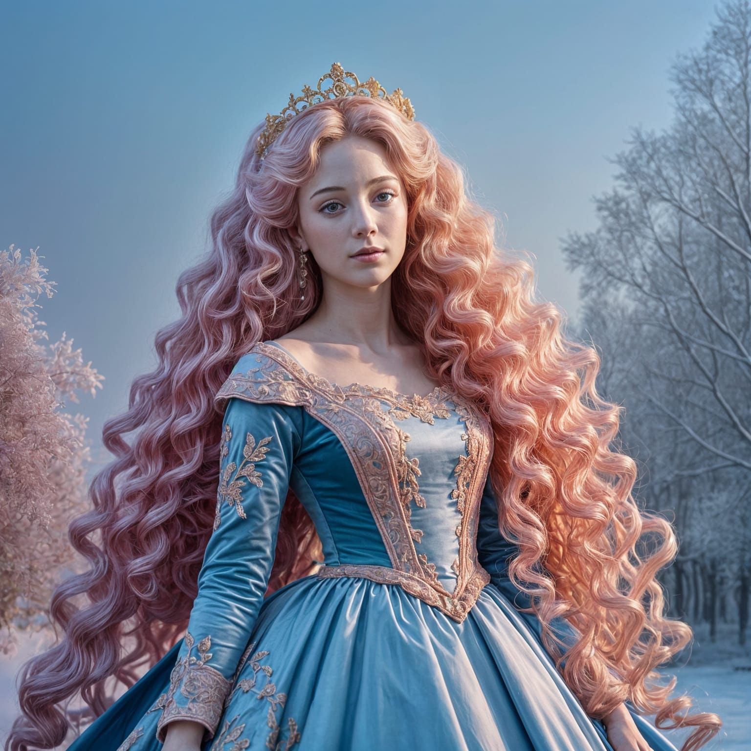 Pink-Haired Princess in Blue Gown with Volumetric Lighting