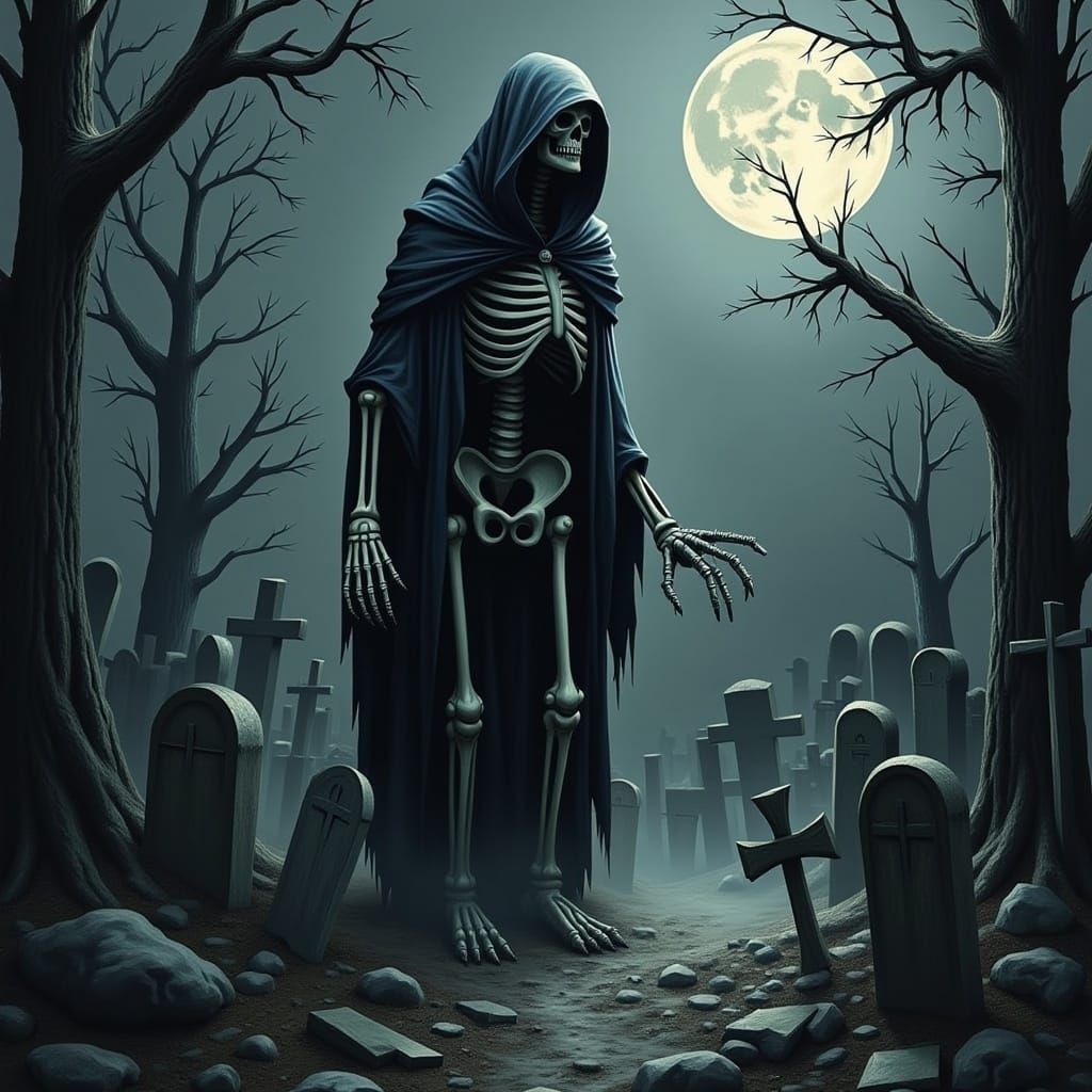 Moonlit Graveyard Skeleton in Gothic Style