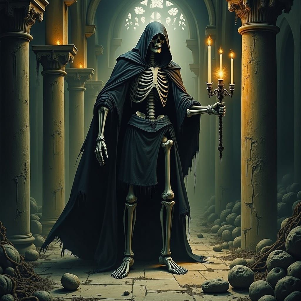 Skeleton in Abandoned Cathedral: Dark Fantasy