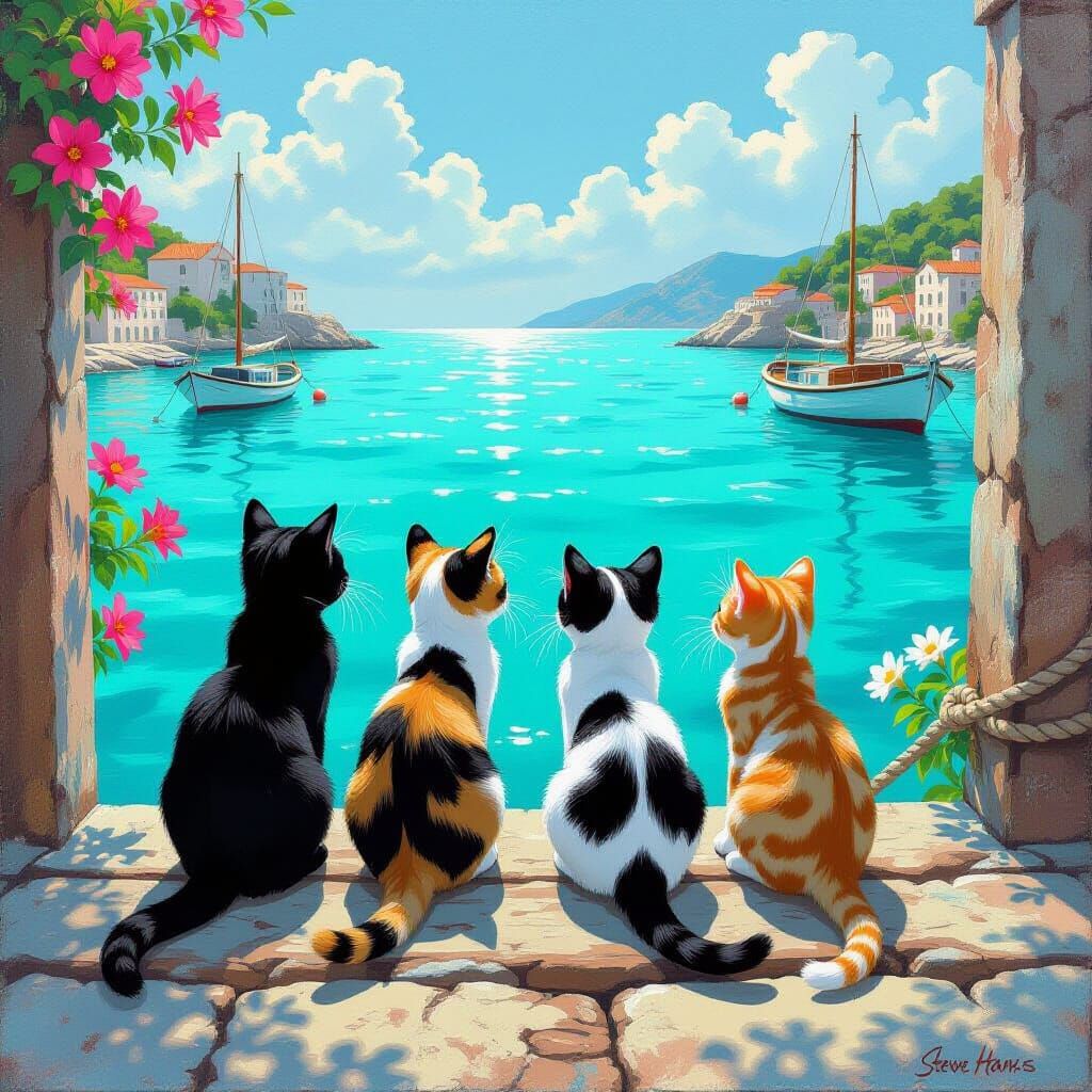 Mediterranean Fishing Scene with Cats in Impressionist Style