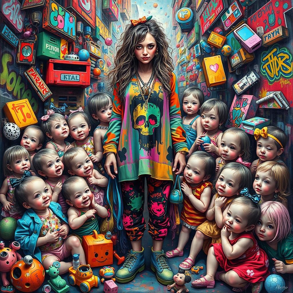 Polychromatic Mother Overwhelmed by Baby Girls, Street Art