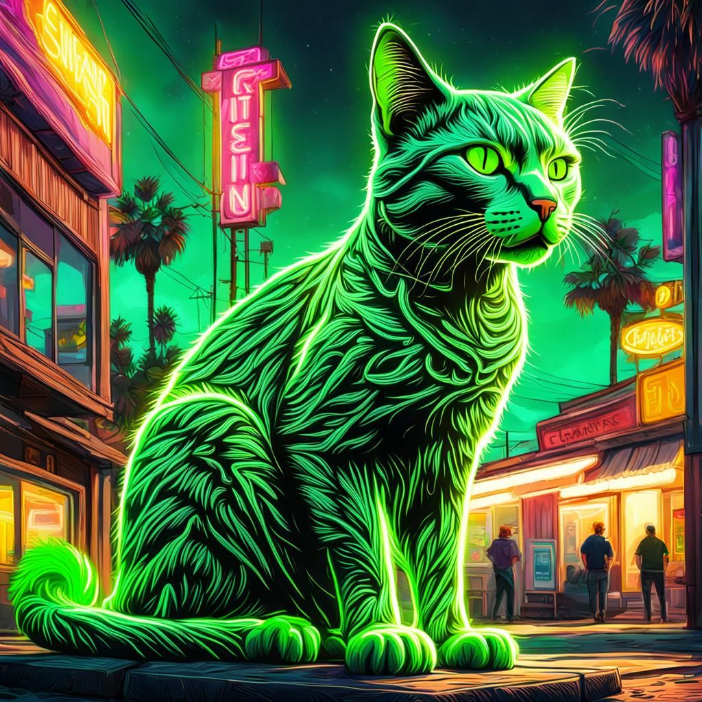 Hyperrealistic Neon Green Cat Lost in California