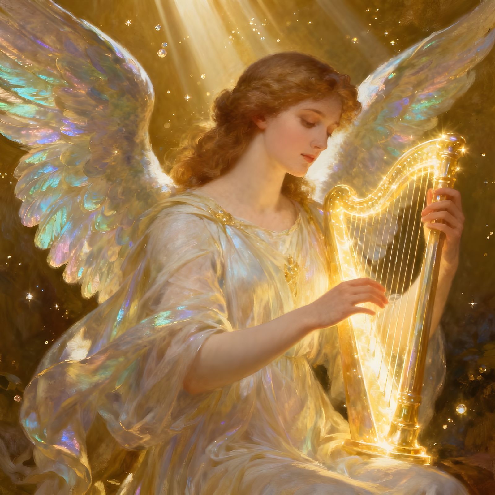 Ethereal Angel Plays Luminous Harp in Divine Light