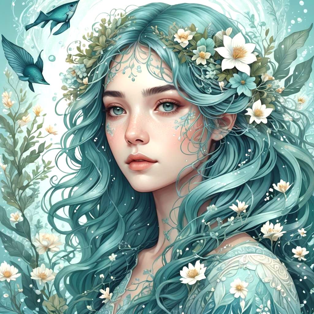 Ethereal Pisces Portrait with Floral Accents in Watercolor S...