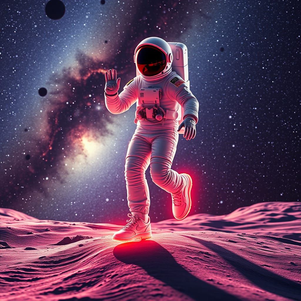 Astronaut Moonwalks on Milky Way in Neon Sneakers