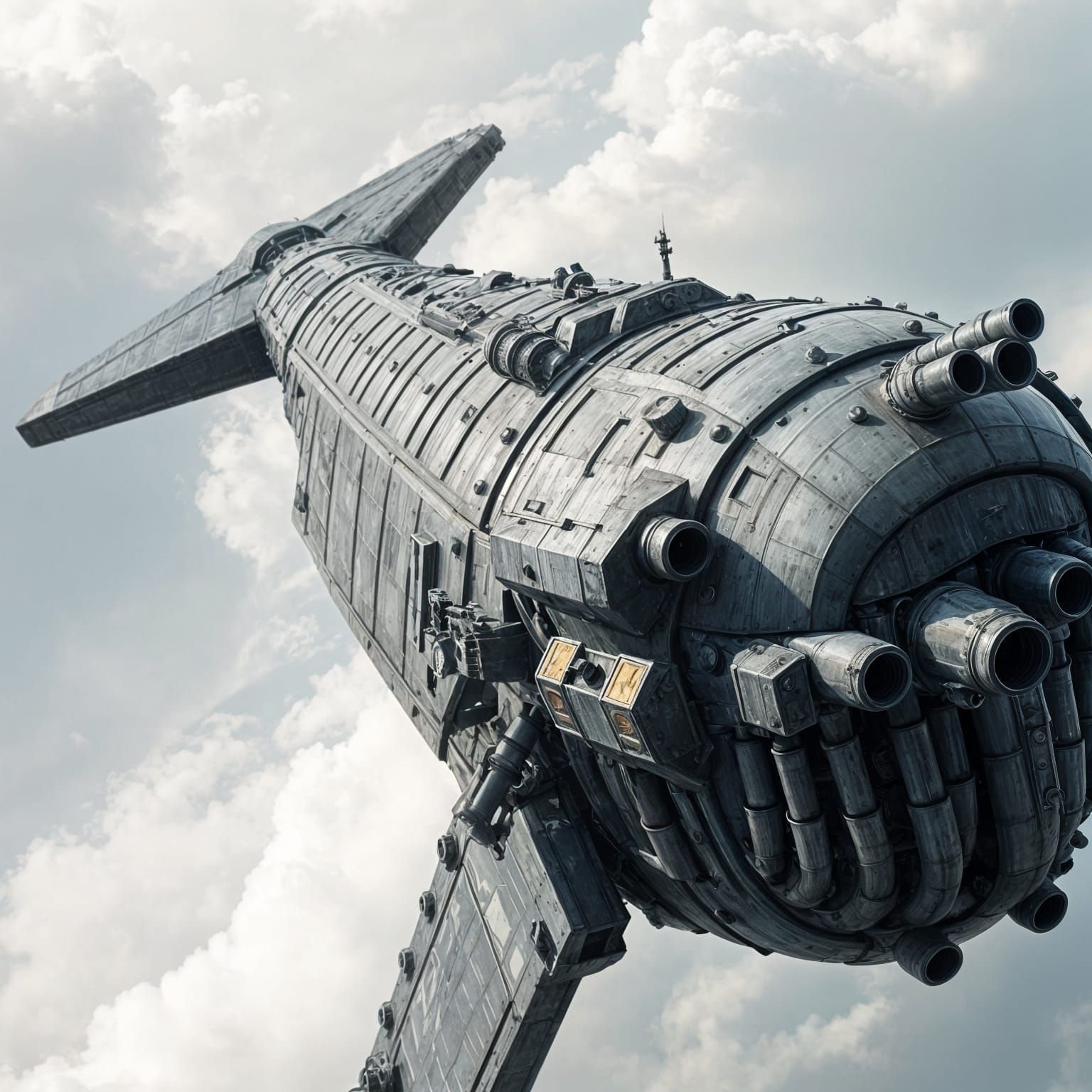 Mechanical Whale Flies Through Cloudy Sky