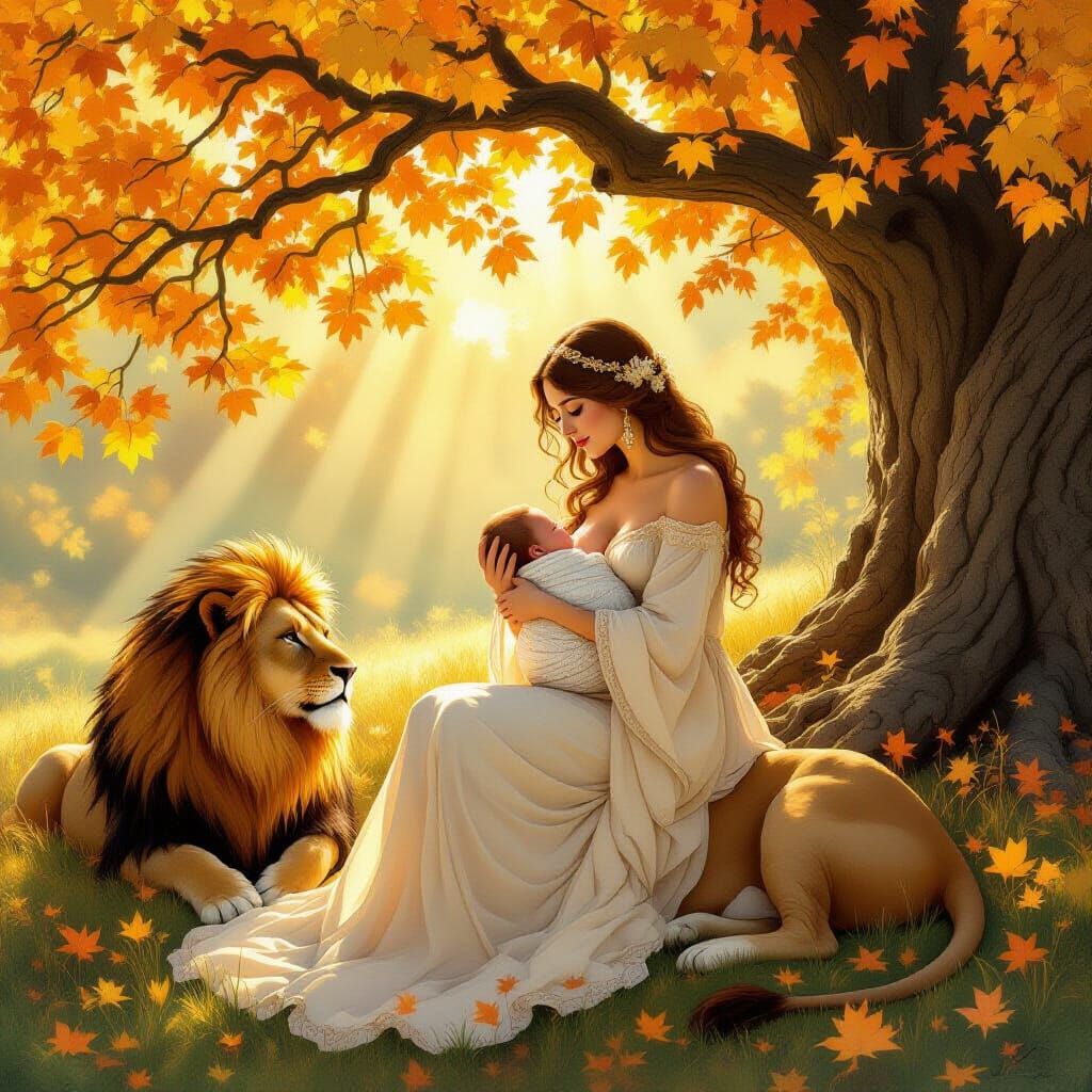 Serene Mother and Child with Guardian Dragon in Autumn Light