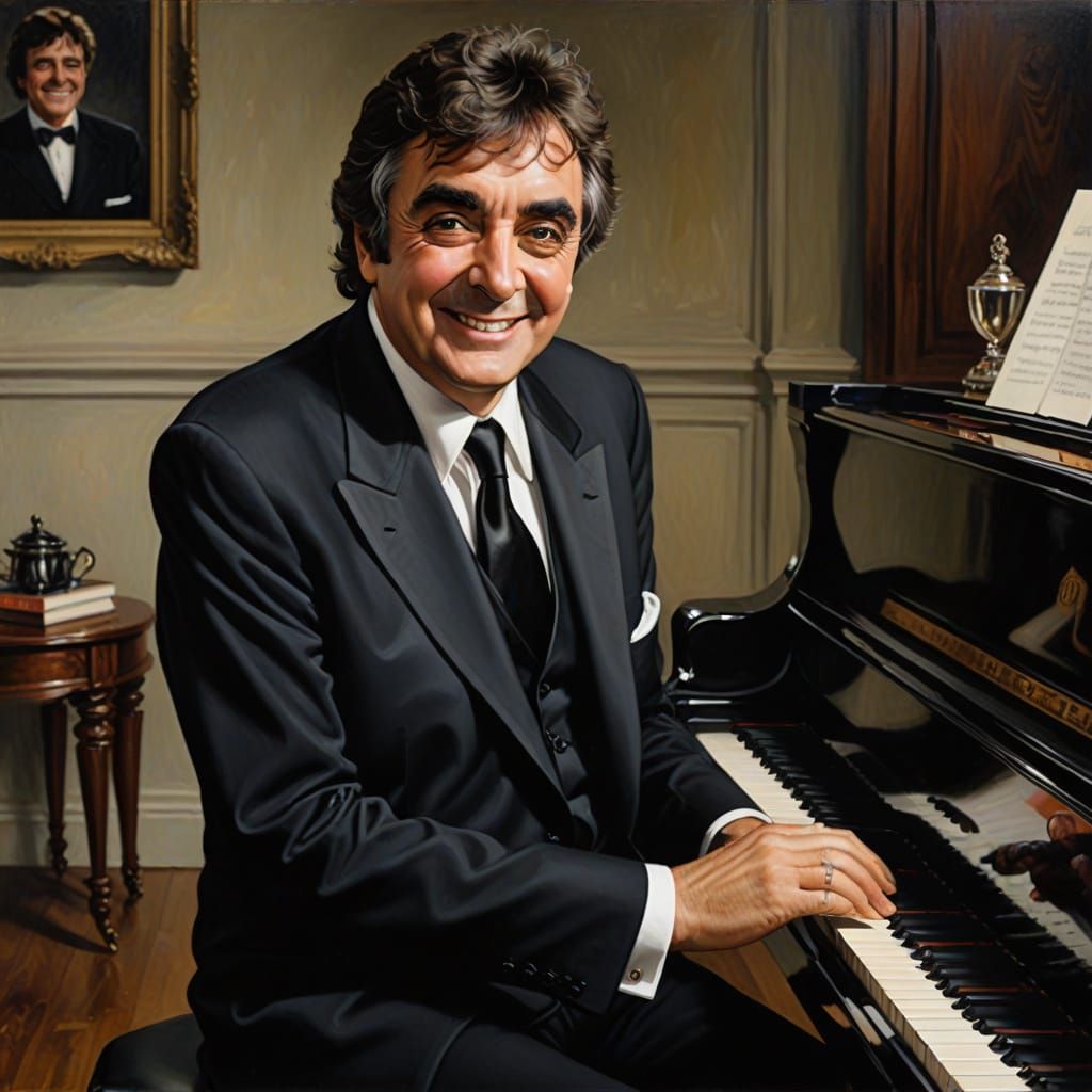 Smiling Man in Tuxedo Playing Piano as Oil Painting