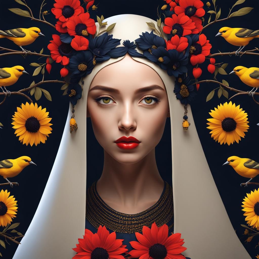 Medieval Woman Adorned with Flowers and Birds