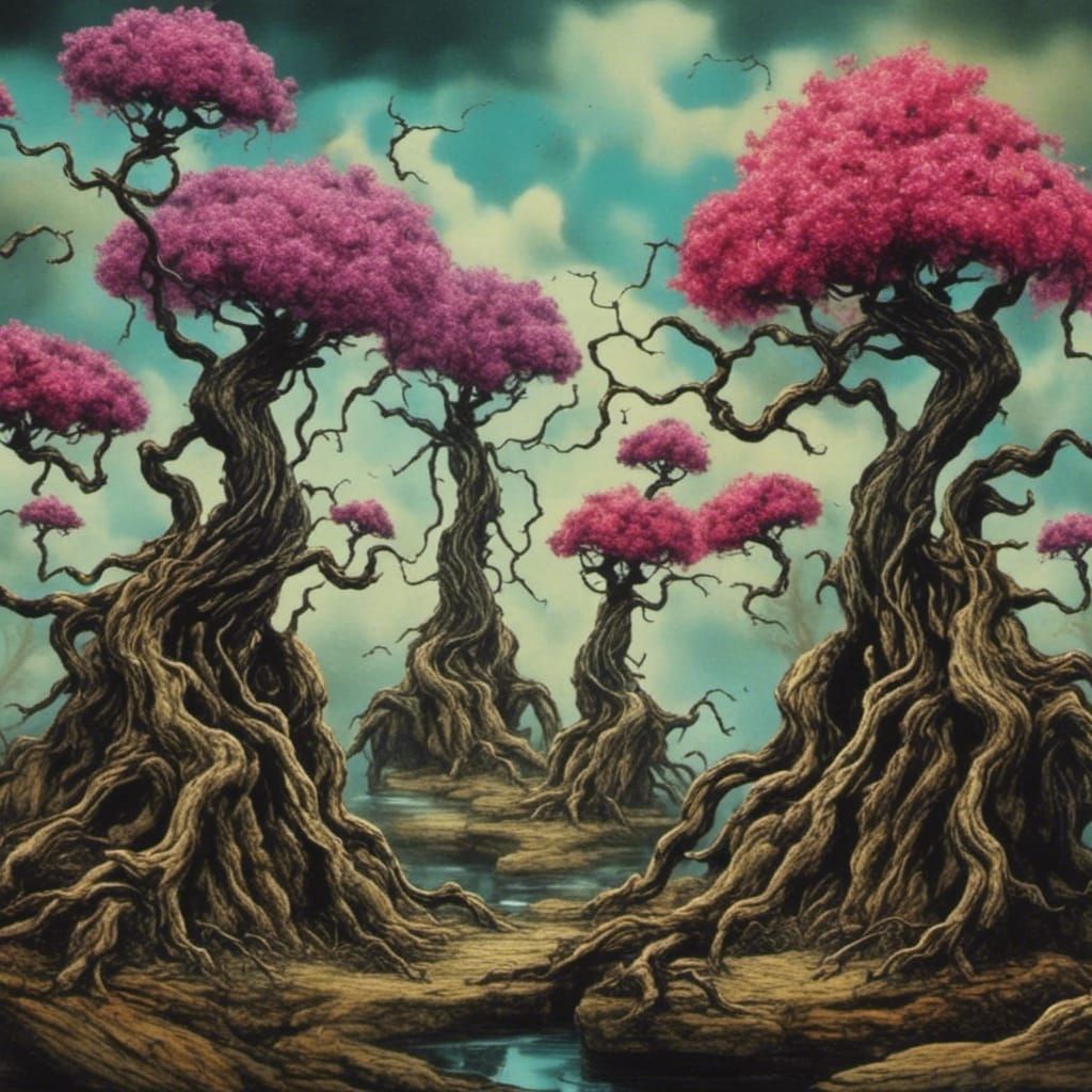 Creepy Bonsai Trees in Twisted Ink Style