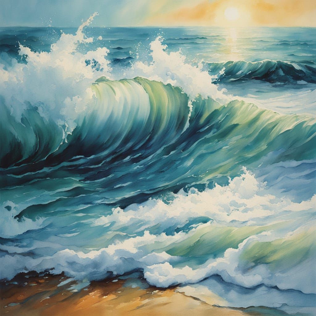 Waves Crashing on Shore in Watercolour Style
