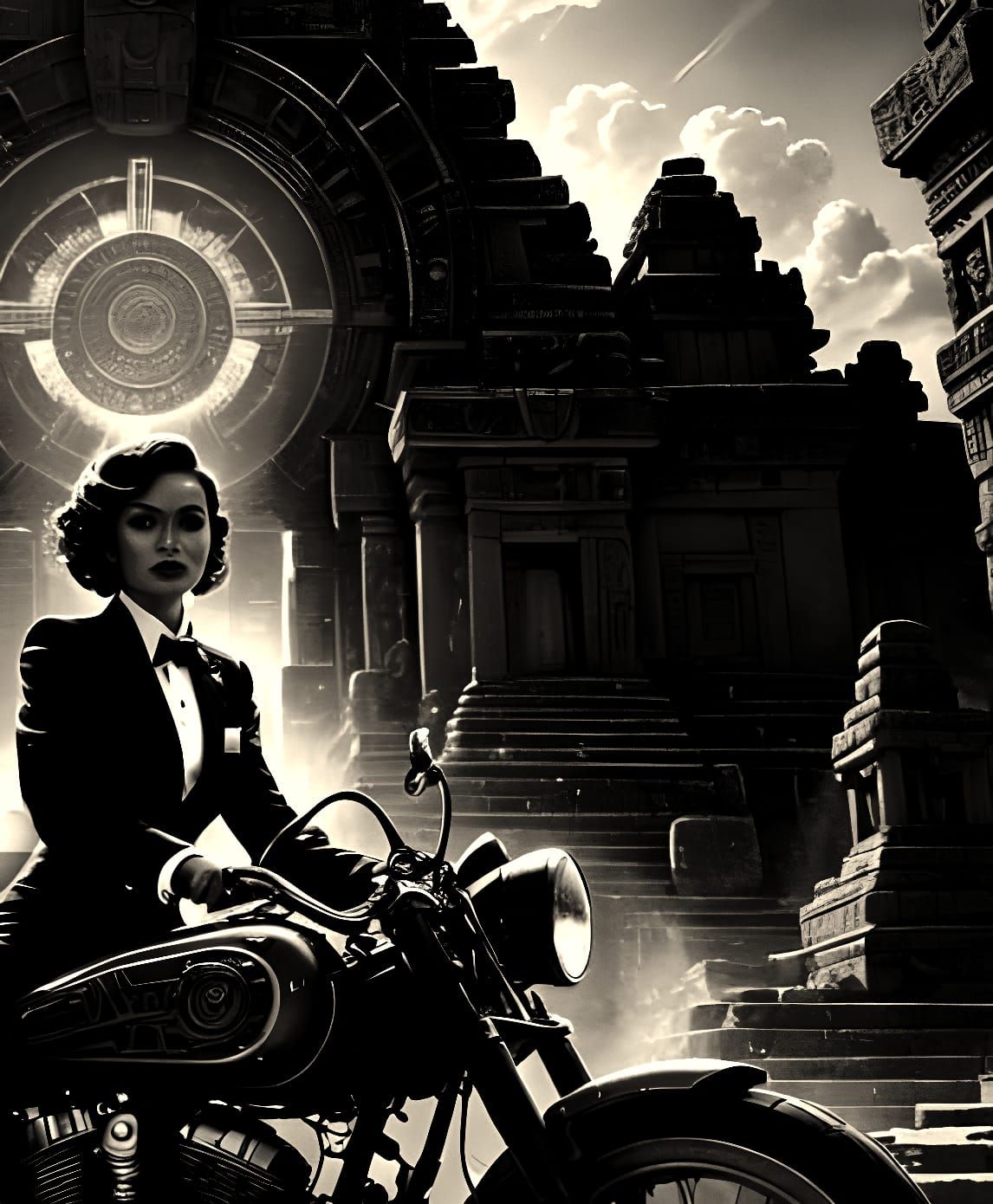 Mayan Temple Motorbike Rider Under a Red Sun