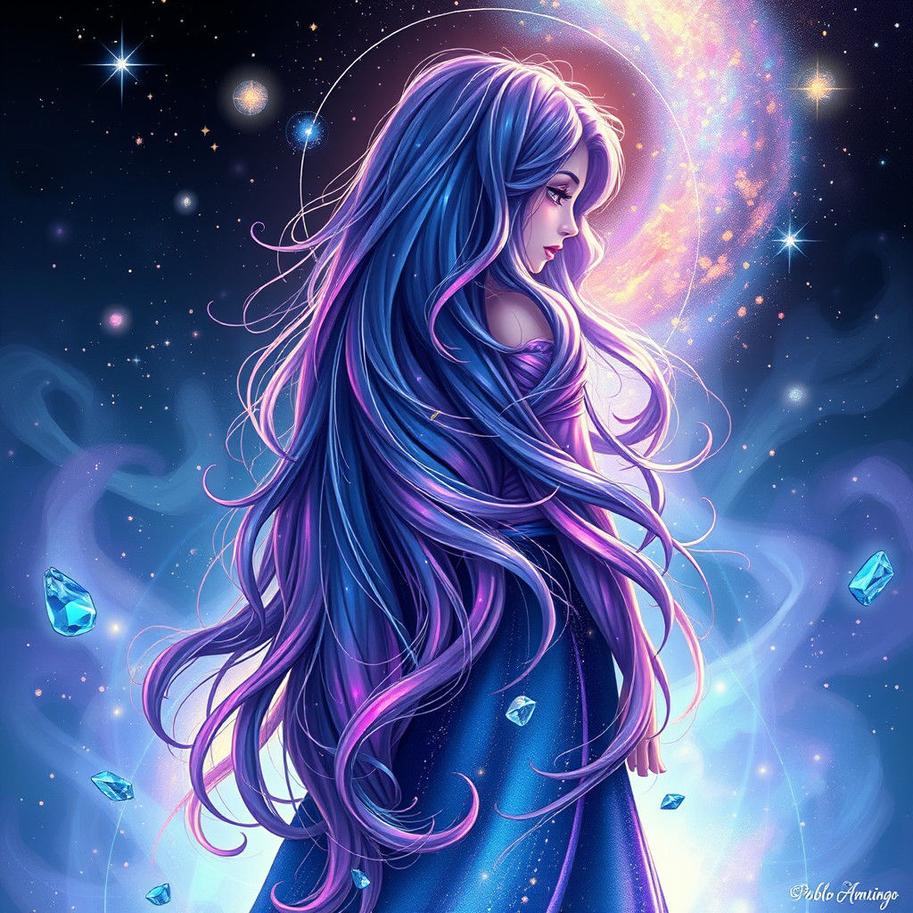 Rapunzel with Galaxy Hair in Mixed Media Style