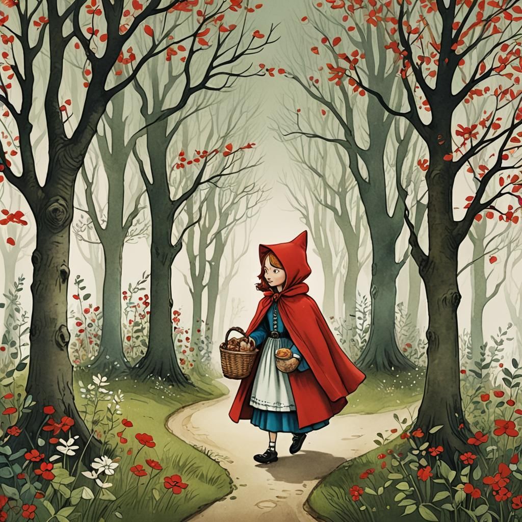 Whimsical Storybook Illustration: Little Red Riding Hood