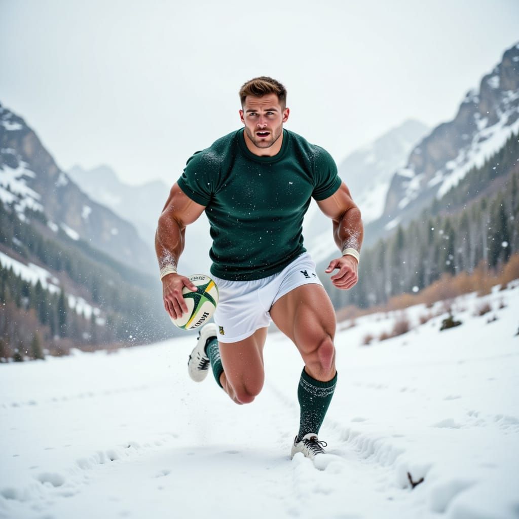 Rugby Player Emerges from Canvas into Snowy Mountains
