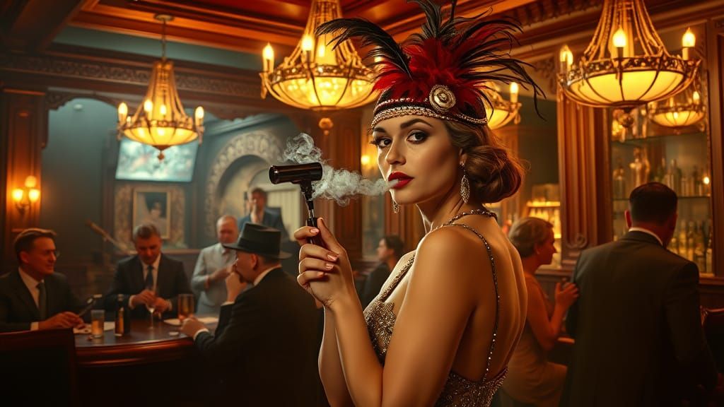 Roaring 20s Speakeasy Scene with Flapper, hyper-realistic st...