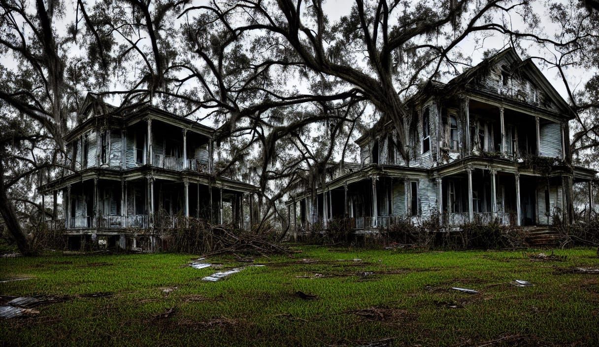 Decaying Southern Mansion in Ominous Louisiana Fog