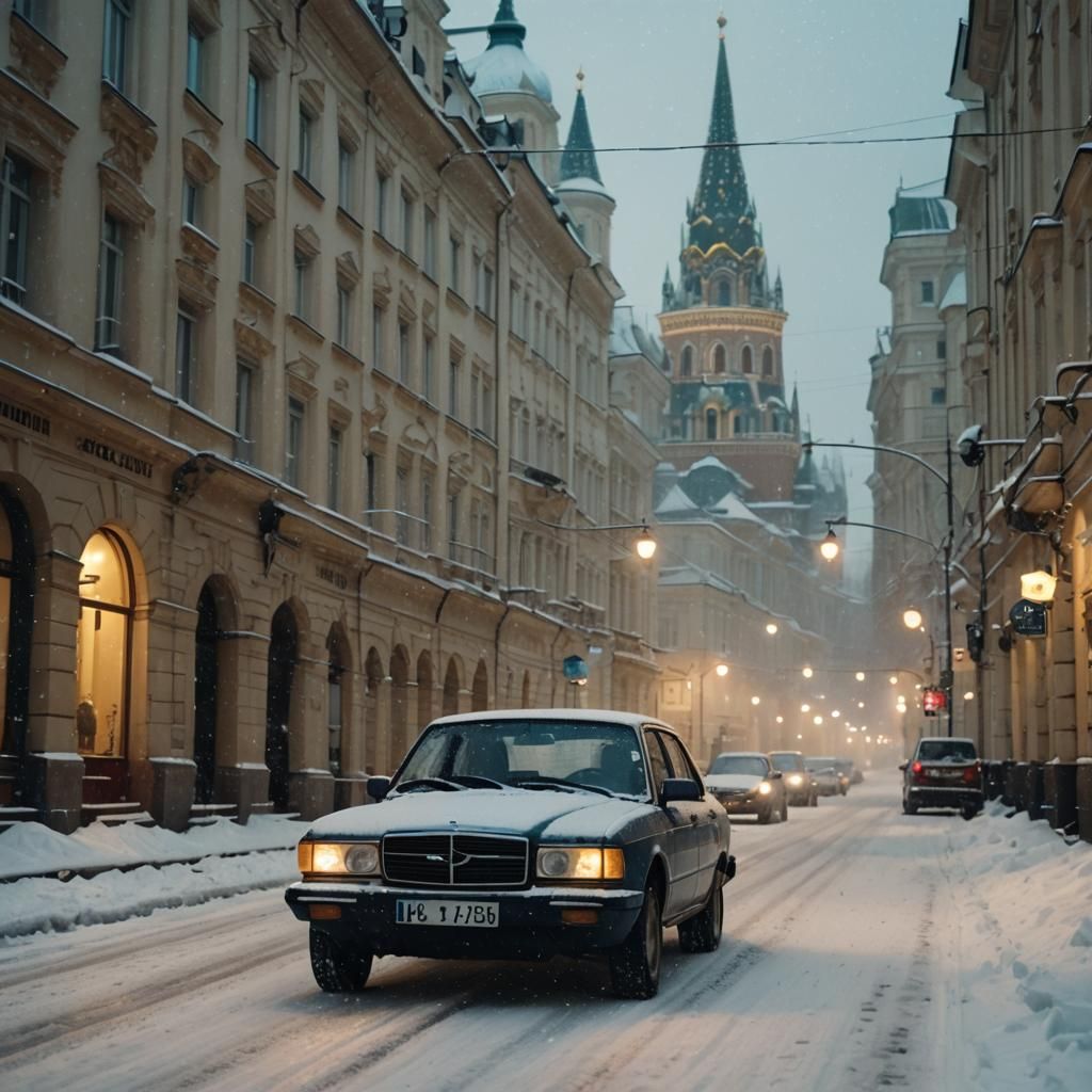 Car on Snowy Moscow Street: Cinematic Film Still