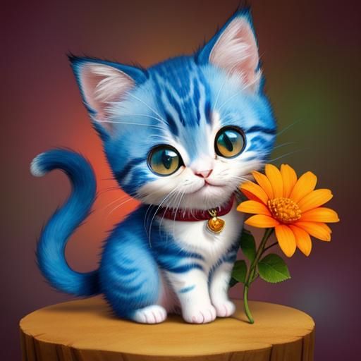 Cute Cartoon Kitten with Flower and Kawaii Eyes