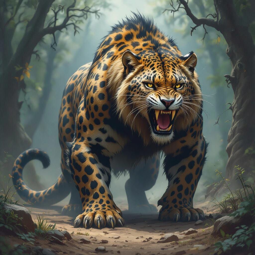 Fearsome Beast with Lion Mouth and Snake Tail in Dark Fantas...