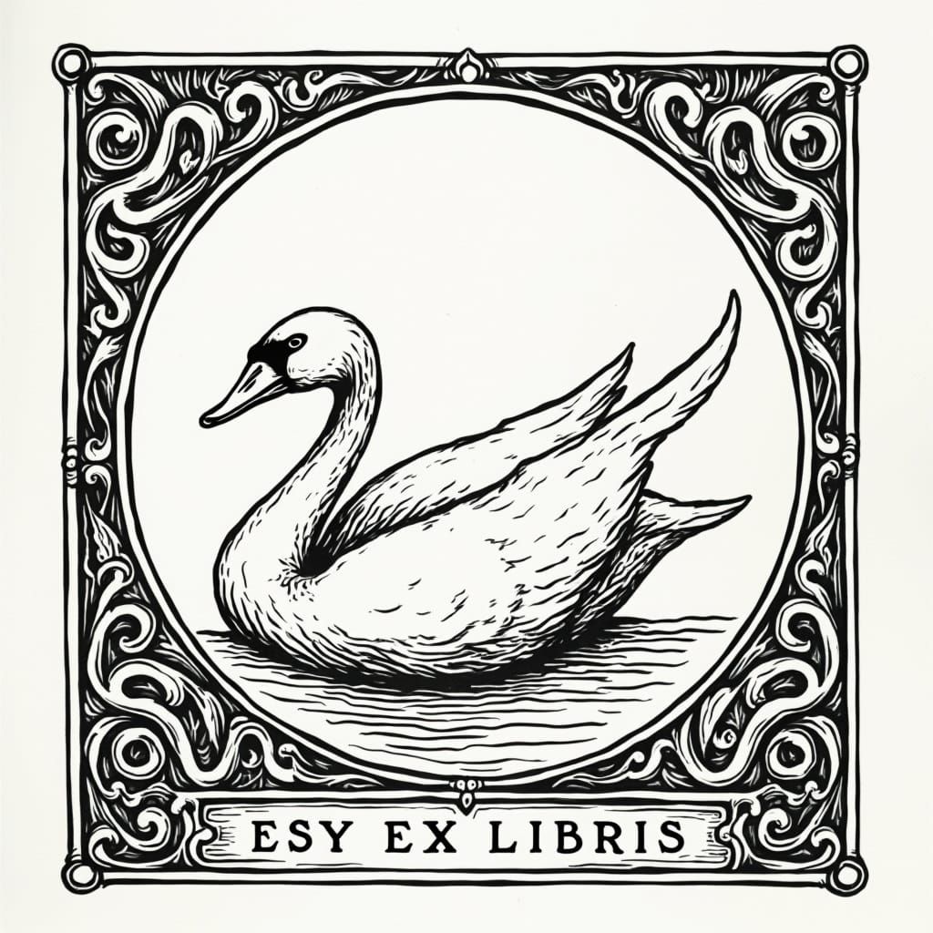 Medieval Swan Ex Libris in Dürer Style