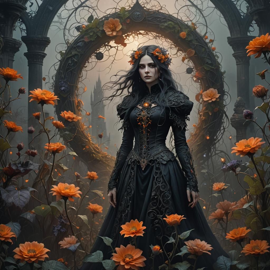 Mystical Woman in Gothic Garden with Chaos Flower
